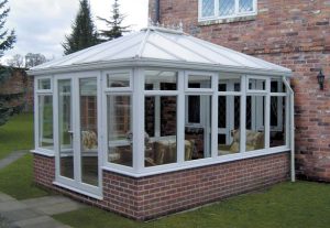 Edwardian conservatory, red brick, French doors