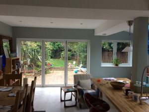 Interior view through French doors to garden