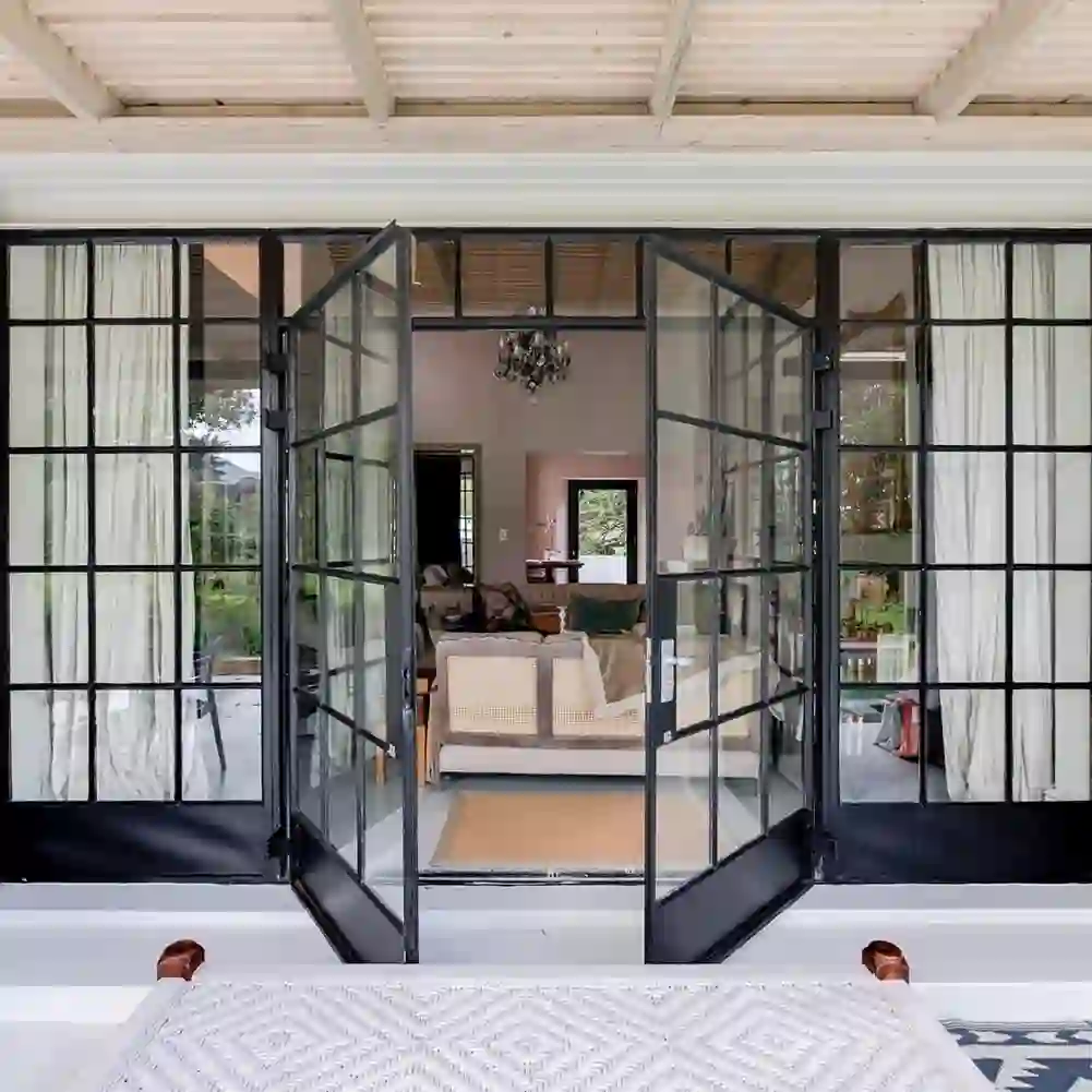 Black aluminium-framed French doors, contemporary style