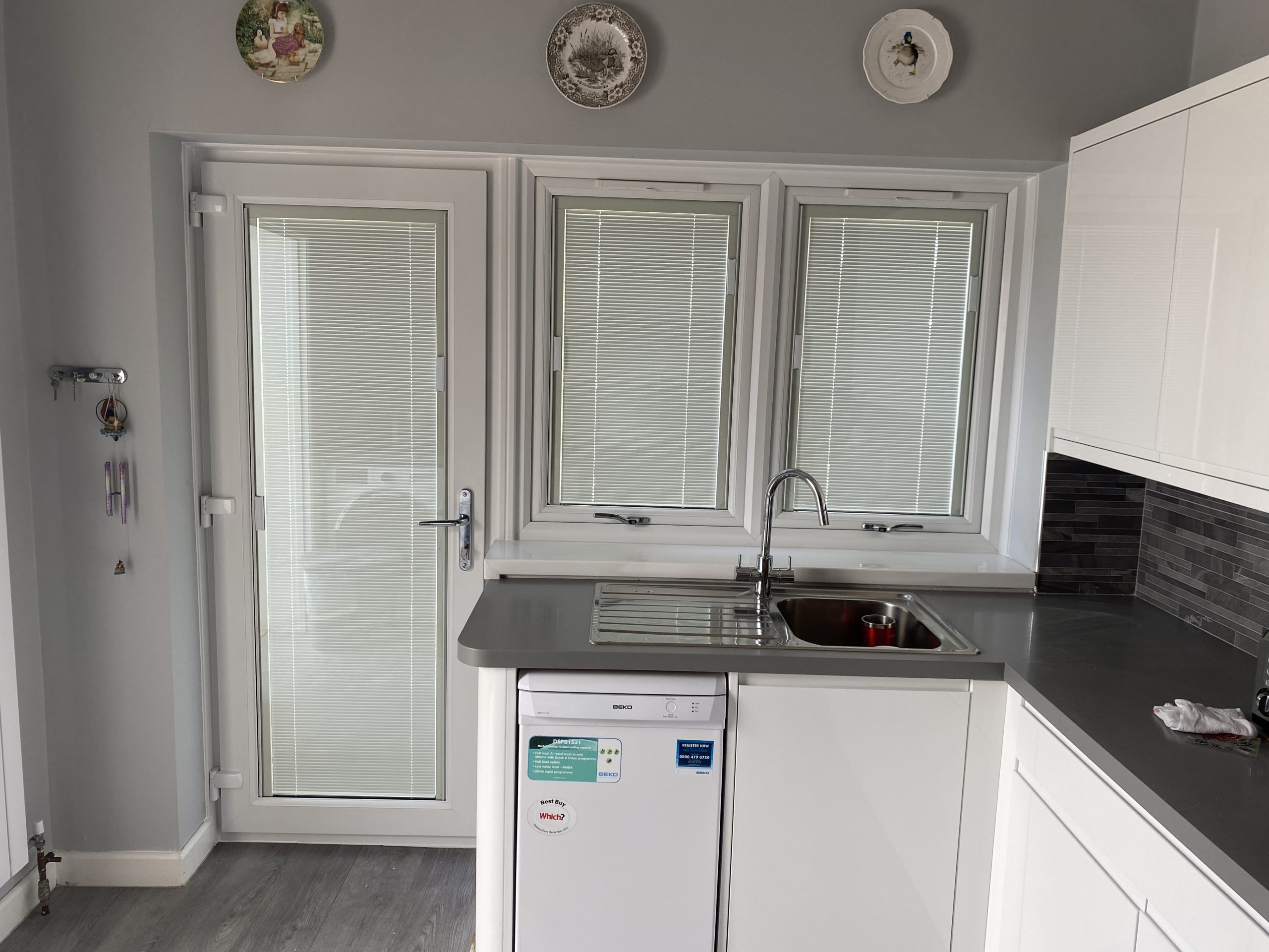 Kitchen door and windows with integral blinds