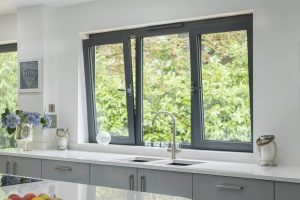 Anthracite aluminium tilt and turn windows open, kitchen